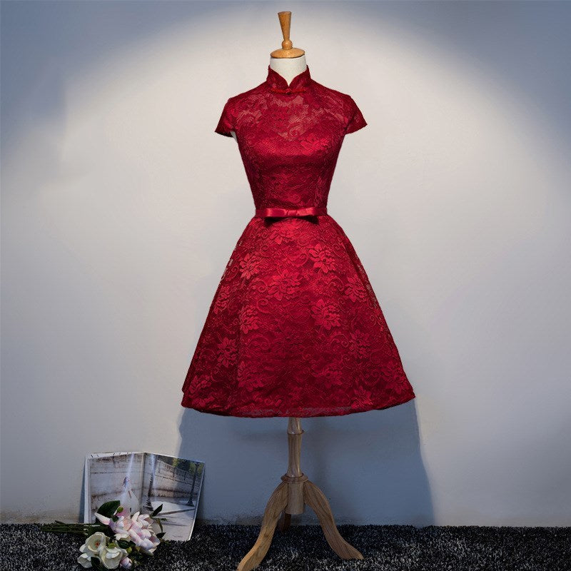 Women's Elegant Wine-Red Vintage Dinner Dress