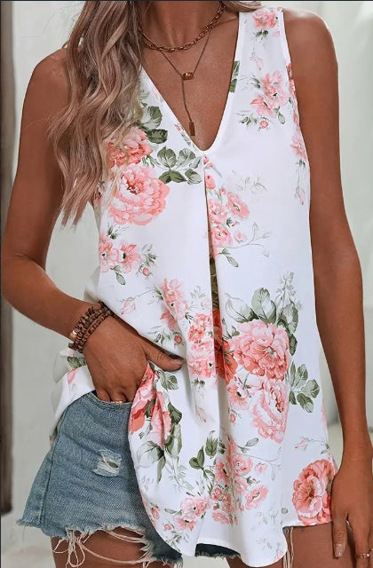 Women's Floral V-neck Sleeveless Summer Top