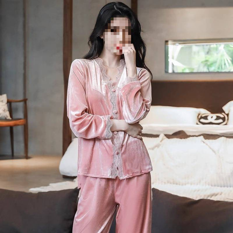 Women's Simple Velvet V-neck Pajamas Suit