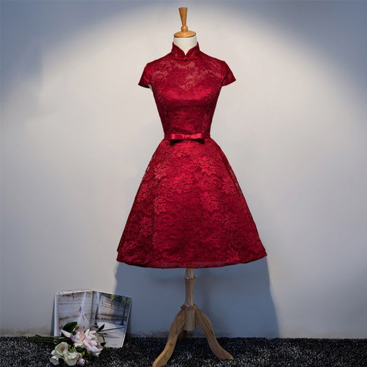 Women's Elegant Wine-Red Vintage Dinner Dress
