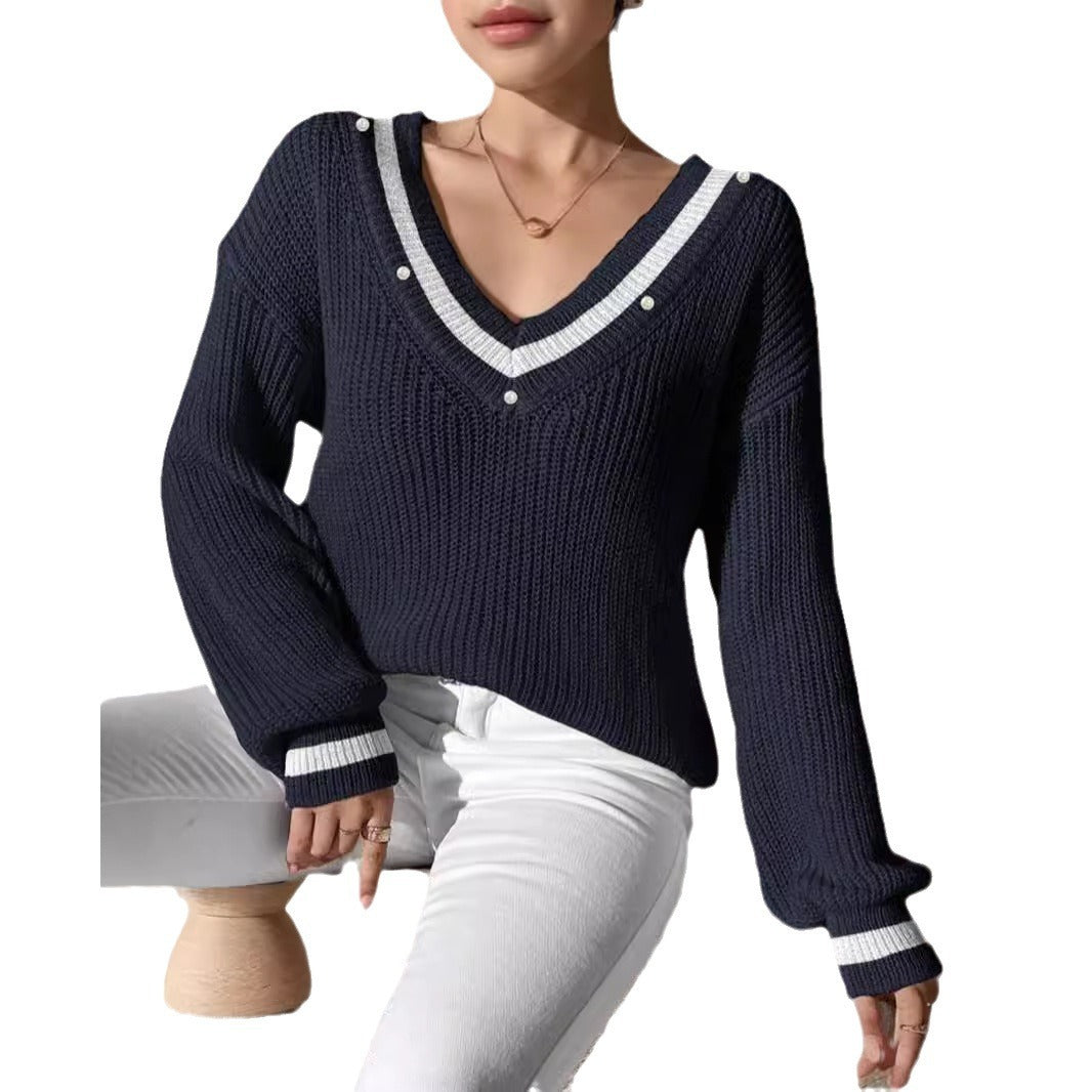 Womens V-Neck Off-shoulder Pullover Sweater