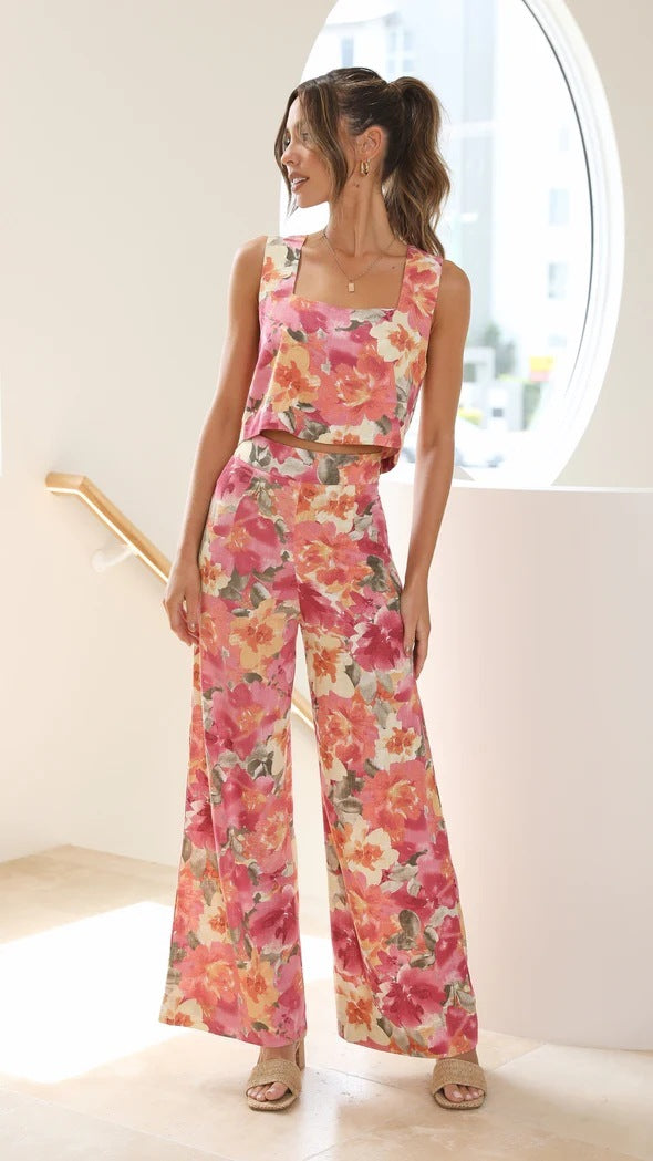 Floral Print Fresh Two-Piece Matching Top & Pants Suit