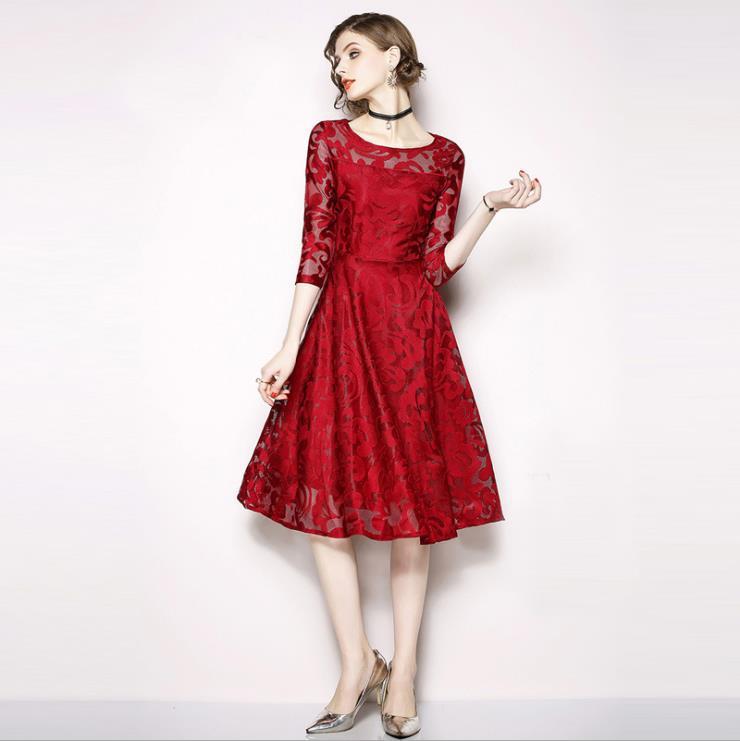 Slimming Wine Red Lace Dinner Dress