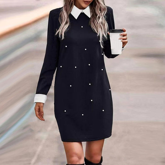 Elegant Long Sleeve Beaded Black Dress