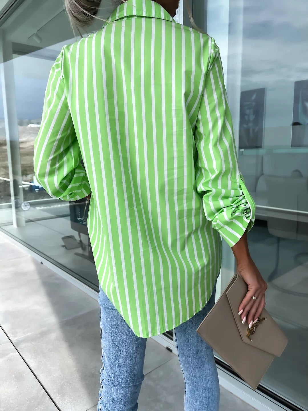 Women's Lime Stripped Button Down Shirt