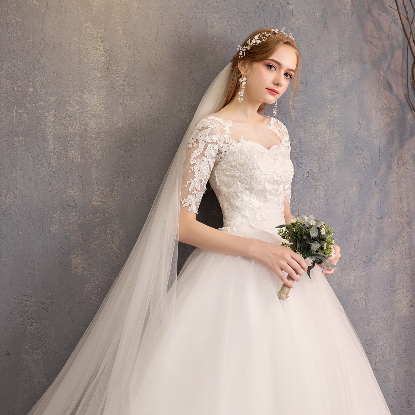 Traditional Wedding Dress with Quarter Length Lace Sleeves