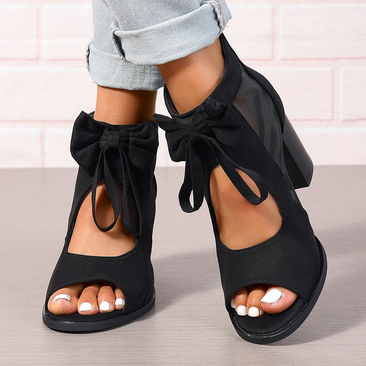 Chunky Heel Ankle Bow Sandals