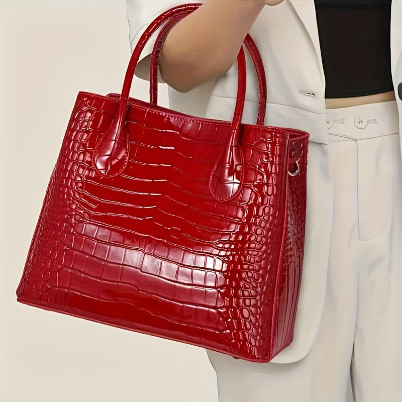 WomenS Black CrocodileTexture Leather Tote Bag with Removable Strap  StainResistant Durable Ideal for Commuting  Casual Use Casual Tote BagStylish Tote BagDurable Handle Bag